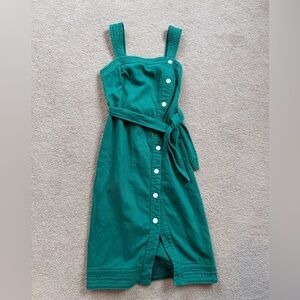 Anthropologie Teal Denim Button Front Midi Dress Size 2 Belted Sleeveless